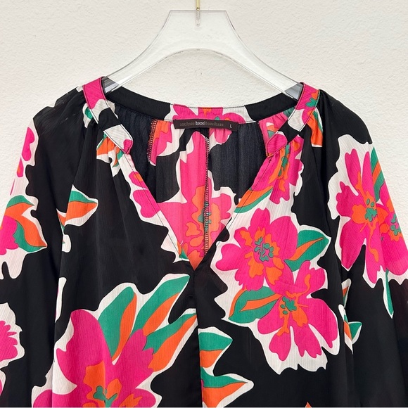 Hazel Anthropologie Floral Blouse Top V-Neck Garden Girl Pink Black Size Large - Picture 4 of 16